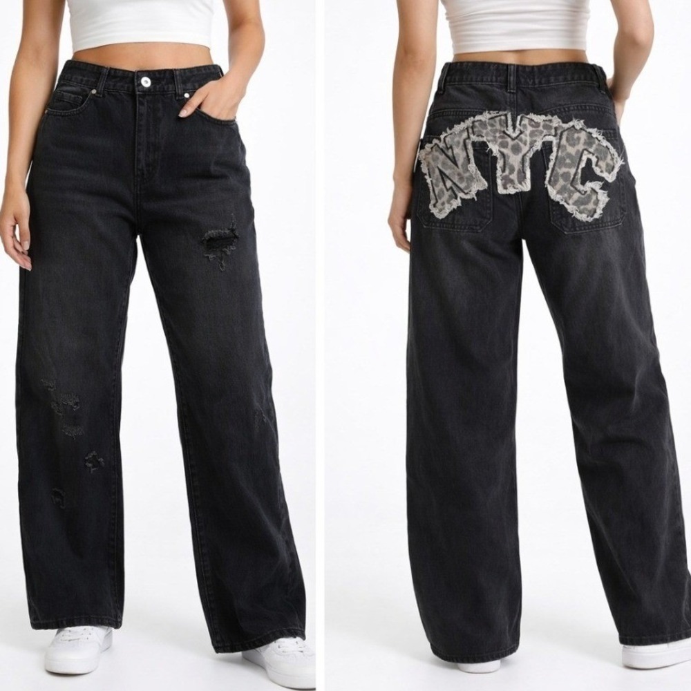 Disclosure Wide Leg Jeans Womens‎ 29 Black Distressed NYC Leopard Alternative